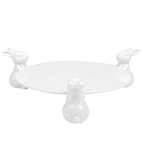 Decorative White Ceramic Cake Stand With Rabbit Design, 16-Inch Dessert Serving Tray