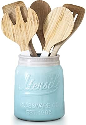 Wide Mouth Mason Jar Utensil Holder Decorative Kitchenware Organizer Crock, Chip Resistant Ceramic, Dishwasher Safe - Kitchen Caddy Aqua Blue For Countertop, Large Size 7" High