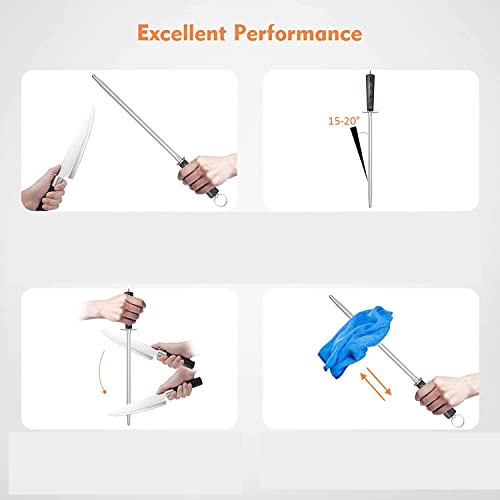 Knife Sharpener Rod,12" Honing Rod Commercial Grade Knife Sharpening Steel Rod Adopt 66HRC Hard Alloy Steel Material With Rosewood Handle For Kitchen Knives And Hunting Blade Sharpening