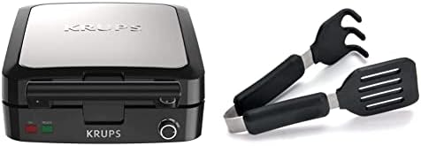 Krups Belgian Waffle Maker, Waffle Maker With Removable Plates, 4 Slices, Silver/Black & Norpro Grip-EZ Grab And Lift Silicone Tongs, Set Of 1, Black