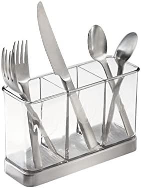 Plastic Cutlery Storage Organizer Caddy Bin For Kitchen Table, Cabinet Or Pantry - Holds Forks, Knives, Spoons, Serving Utensils - Indoor Or Outdoor Use, 3 Sections - Clear/Chrome