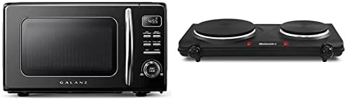 GLCMKZ09BKR09 Retro Countertop Microwave Oven, 0.9 Cu Ft, Black & Elite Gourmet EDB-302BF Countertop Dual Flat Burner, Electric Hot Burner, 1500 Watts (Black)
