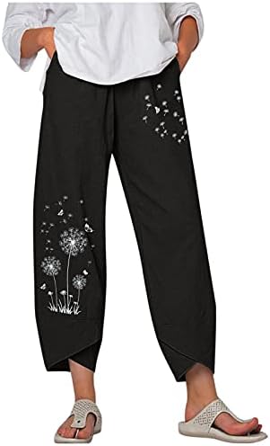 Kingspinner Capri Pants For Women Plus Size Cotton Linen Flowers Printed Pants Pockets Cotton Linen Elastic Waist Trousers