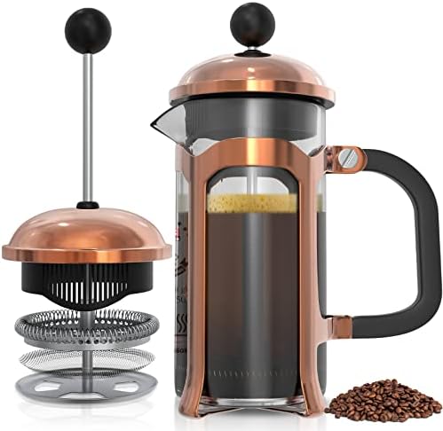 French Press Coffee Maker, Stainless Steel Small French Press 12 Oz Glass 4 Level Filtration System, Durable Heat Resistant Borosilicate Coffee Presser Single Cup