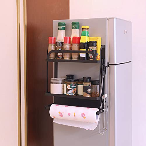 PENGKE Spice Rack Organizer 2 Tier Refrigerator Storage Shelf With Paper Towel Holder And Removable Hooks,Strong Rustproof,Black