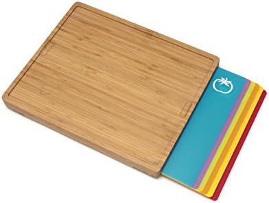 Bamboo Wood Cutting Board With 6 Colored Poly Inlay Mats, 16" X 13-1/8" X 1-5/8"