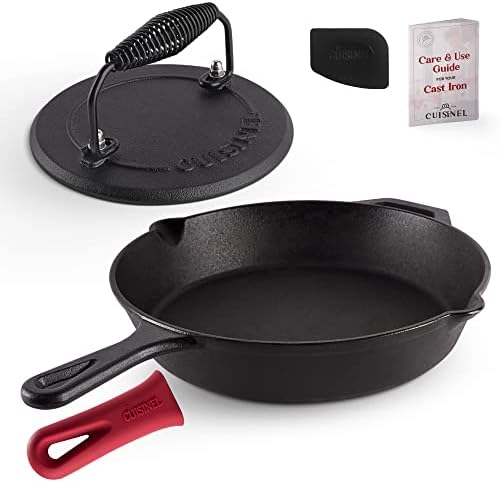 Ast Iron Skillet + Grill Press + Scraper Set - 10"-inch Pre-Seasoned Frying Pan + Silicone Handle Grip - 7" Round Burger Smasher - Indoor/Outdoor, Stove, Oven, Grill, Induction Safe Kitchen Cookware