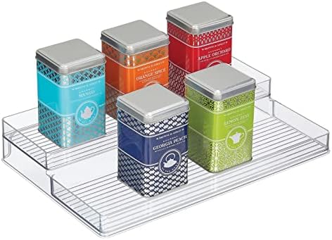 MDesign Plastic Kitchen Food Storage Organizer 2-Tiered Shelves, Spice Holder Rack Steps For Cabinet, Cupboard, Counter, Pantry - Holds Seasoning, Canned Food, Condiments - Ligne Collection - Clear