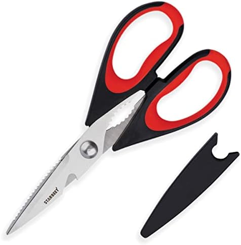 Heavy Duty Kitchen Shears – 6 In 1 Stainless Steel Ultra Sharp Poultry Scissors - Can Also Be Used As Beer Opener, Bottle Opener, Nut Cracker, Fish Scale Shaver & Floral Scissors (Red)