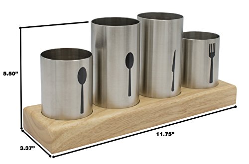 Silverware Holder With Caddy For Spoons, Knives Forks, Etc — Ideal For Kitchen, Dining, Entertaining, Buffet, Picnic, And More — Stainless Steel With Bamboo Wood Base