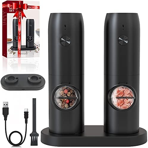Electric Salt And Pepper Grinder Set Rechargeable Automatic Black Salt & Pepper Mill 2 Pcs With Charging Base, Type-C USB Cables, LED Lights, Adjustable Coarseness, One Hand Operation