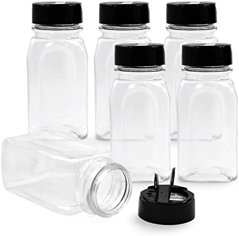 6 Pack 9.5 Oz Plastic Spice Jars With Black Cap, Clear And Safe Plastic Bottle Containers With Shaker Lids For Storing Spice, Herbs And Seasoning Powders, BPA Free, Made In USA