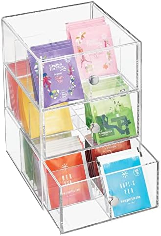 MDesign Plastic Wide Kitchen Pantry, Cabinet, Countertop Organizer Storage Station With 3 Drawers For Coffee, Tea, Sugar Packets, Sweeteners, Creamers, Drink Pods, Packets; 18 Sections - Clear