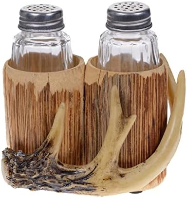 Glass Salt And Pepper Shakers - Deer Antler Salt And Pepper With Holder For Kitchen - Simple Salt And Pepper Shakers With Lids - Rustic Salt And Pepper Caddy Spices And Seasonings Set