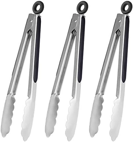 9-Inch Stainless Steel Cooking Tongs With Silicone Tips, Set Of 3 (Black)