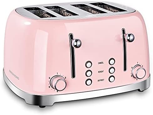 REDMOND 4 Slice Toaster Retro Stainless Steel Toasters With Bagel Defrost Cancel Function, 6 Browning Settings, Pink, ST033