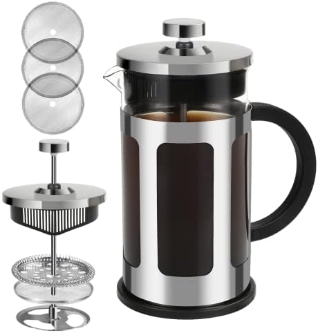 French Press Coffee Maker 12 Ounce Stainless Steel With Borosilicate Glass Heat Resistant 4 Level Filtration System For Brew Coffee & Tea Dishwasher Safe 350ml (12oz, Stainless Black)