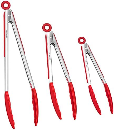 Kitchen Tongs With Silicone Tip, 12-inch ,9-inch And 7-inch Stainless-Stee Multi-functional Gripper For Cooking, Barbecue, Salad, Grilling, Frying, Set Of 3 (Red) (Red)