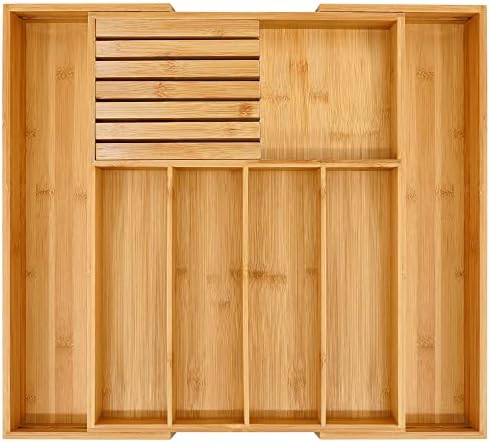 Bamboo Silverware Drawer Organizer Kitchen, Expandable Utensil Holder And Cutlery Tray With Divider | 13"-21.6" Flatware Storage And Removable Knife Block