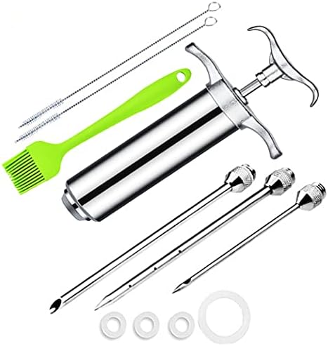 Meat Injector Syringe,Stainless Steel Injector Gun Kit With Case,2-Oz Marinade For Smoking,With 3 Professional Needles 2 Cleaning Brushes And 4 Silicone O-Rings,1Cleaning Silicone Brush (silver)
