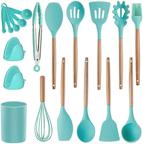 Ilicone Kitchen Utensils Set Cooking Utensils - SZBOB Heat Resistant/Non-stick/Non Toxic/BPA Free Silicon Spoons Spatula Whisk Tongs Wooden Handle Kitchen Utensils Set With Holder (Khaki)