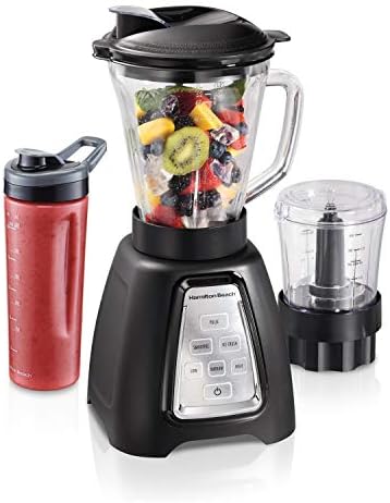 Hamilton Beach Der And Food Processor Combo With Auto Programs For Smoothie And Ice Crush, Blend-In Portable Travel Cup, 52oz Glass Jar & 3 Cup Food Chopper, 950 Watts, Black (58242)