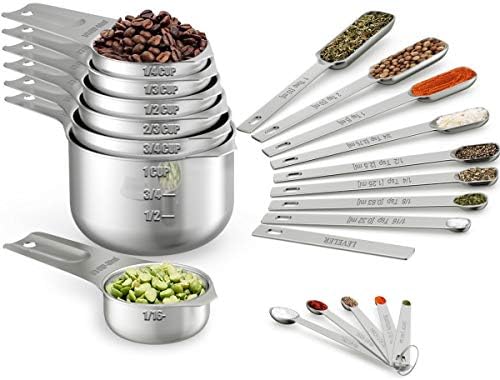 Measuring Cups & Spoons Set Of 21 - Includes 7 Stainless Steel Nesting Measuring Cups, 8 Measuring Spoons, 1 Leveler & 5 Mini Measuring Spoons, Ideal For Dry And Liquid Ingredients