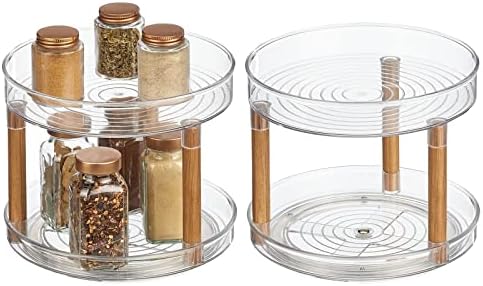 By Nate Berkus 2-Tier Plastic 9-Inch Turntable Organizer With Ash Wood Accents | For Kitchen Cabinet, Countertop, Or Pantry Organizing From MDesign - Set Of 2, Clear/Natural