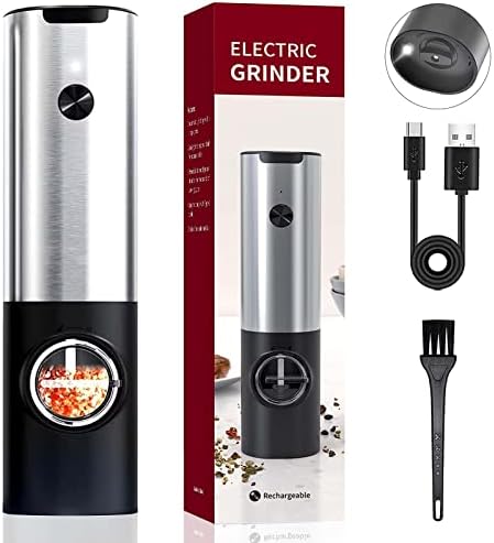 Electric Salt And Pepper Grinder Set W/USB Rechargeable Base, No Battery Needed, One Handed Operation, Automatic Powered Spice Mill Shakers Refillable, Adjustable Coarseness, LED Light