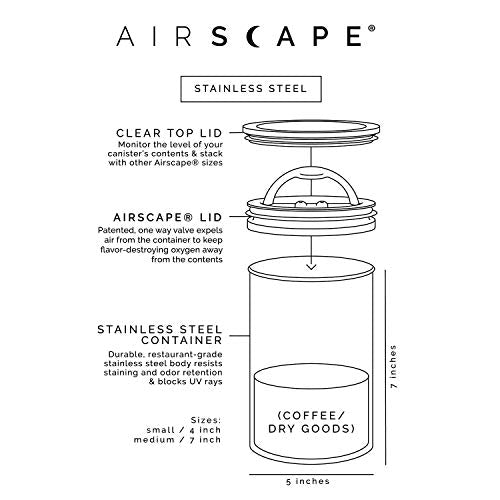 Airscape Stainless Steel Coffee Canister - Set Of 2 - Food Storage Container - Patented Airtight Lid Pushes Out Excess Air - Preserve Food Freshness (Small & Medium, Brushed Steel)
