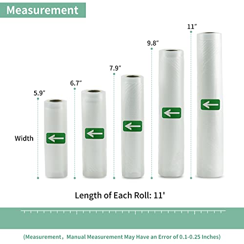 Mozing Vacuum Sealer Bags, Commercial Grade Food Seal Bag Rolls, Meal Saver Bags For Storage Or Sous Vide, 5 Pack 1 Roll 5.9" X 11', 1 Roll 6.7" X 11', 1 Roll 7.9" X 11', 1 Roll 9.8" X 11' And 1 Roll 11" X 11' (5 Rolls)