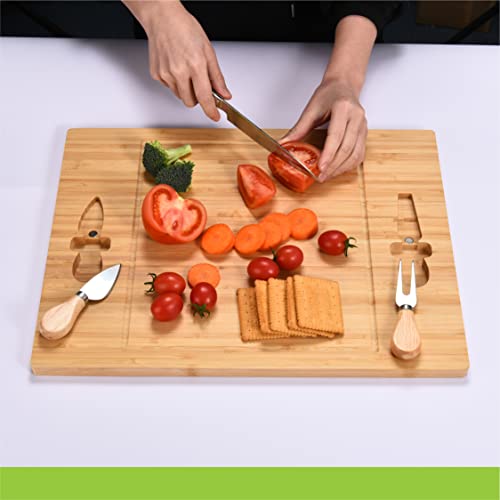 Bamboo Wooden Cheese Board With Knife & Fork Set - Charcuterie Board, Cheeseboard Knife Utensil Set - Wooden Serving Tray Platter - Ideal Wedding Or Housewarming Gift