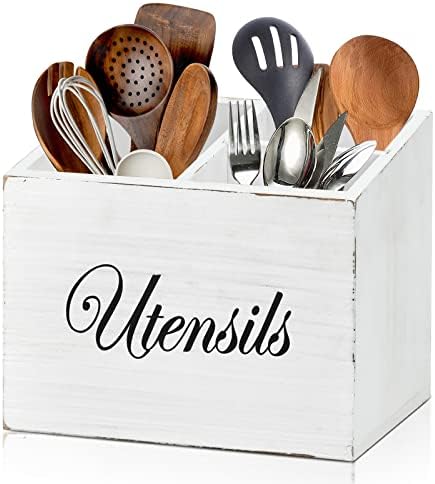 Utensil Holder For Kitchen Counter, Wood Utensil Organizer With 2 Compartments, Utensil Caddy And Silverware Organizer For Kitchen Decor, Black Kitchen Accessories
