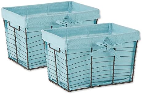 Farmhouse Chicken Wire Storage Baskets With Liner, Medium, Antique French Blue Gingham Check, 11x7.88x7", 2 Piece