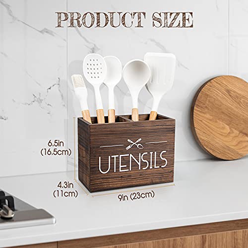 Wooden Kitchen Cooking Utensil Holder, Utensil Organizer For Countertop, Rustic Wood For Farmhouse Kitchen Decor, Farmhouse Utensil Caddy With 2 Compartments (Brown)
