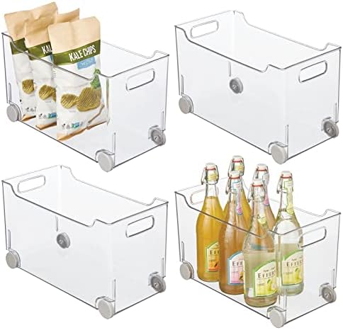 Plastic Storage Container Bin Box With Rolling Wheels And Handle For Kitchen Organization - Pantry, Cupboard, Cabinet Shelves, Or Under Sink - Lumiere Collection - Clear/Gray