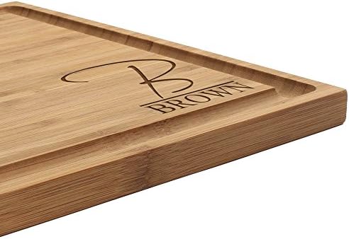 Custom Laser Engraved Bamboo Cutting Board - Letter Script Monogram Thin - 1 Piece - 11" X 11" X 0.75" (Grooved) - Customized Personalized Kitchen Gift For Couples, Weddings, Closing