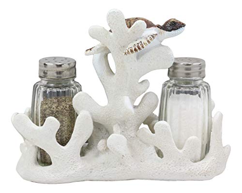 Nautical White Coral Reef With 2 Swimming Sea Turtles Salt And Pepper Shakers Holder Set Figurine Coastal Beach Turtles Tortoises Decorative Sculpture As Kitchen Dining Centerpiece Accent