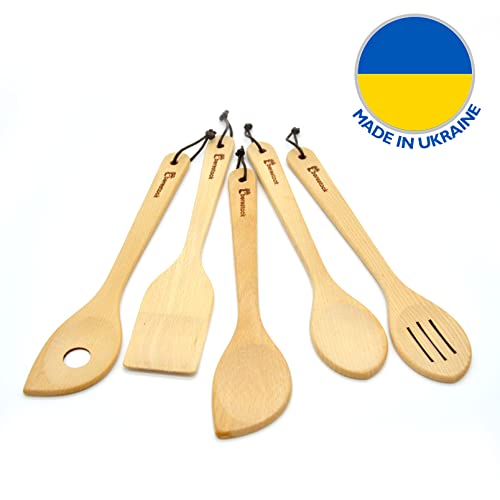Wooden Spoons For Cooking Kitchen Utensils Set Of 5 Cooking Spoons And Spatula - Natural Beechwood For Nonstick Cookware Heat Resistant Wood Spoons