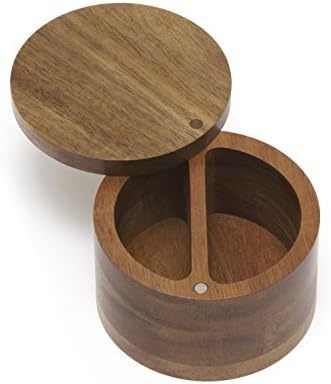 Acacia Wood Divided Spice Box With Swivel Cover, 4" Diameter X 2.5" Height