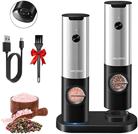 Electric Salt And Pepper Grinder Set With Rechargeable Base, One Hand Operation Automatic Salt And Pepper Grinder Set - White Light - Adjustable Coarseness Pepper Mill Grinders