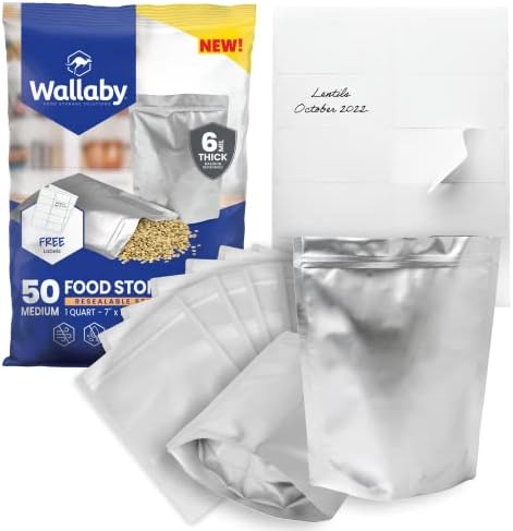 50x Wallaby 1-Quart Gusset Mylar Bag Bundle - (6 Mil - 7" X 10") Stand-Up Zipper Pouches + 50x Labels - Heat Sealable, Food Safe, & Reliable Long Term-Food Storage Solutions - Silver