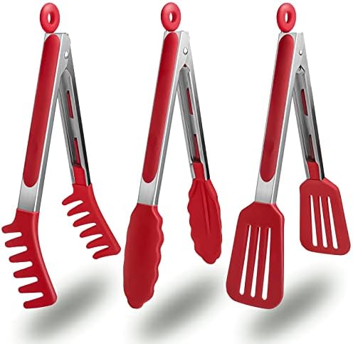 3 Pack Kitchen Tongs (9 Inches), Non Stick Stainless Steel Tongs With Silicone Tip For Cooking BBQ Baking(Red)
