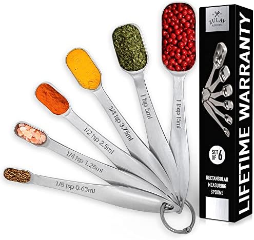Measuring Spoons Set - 6 Piece Stainless Steel Measuring Spoons - Easy To Read, Etched Markings & Slim Design For Narrow Spice Jars - Heavy Duty Tablespoon Measure Spoon With Removable Clasp