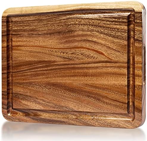 Large Acacia Wood Cutting Board, Butcher Block, Cheese Board With Juice Groove And Cracker Well - 17x13x1.25 Inch