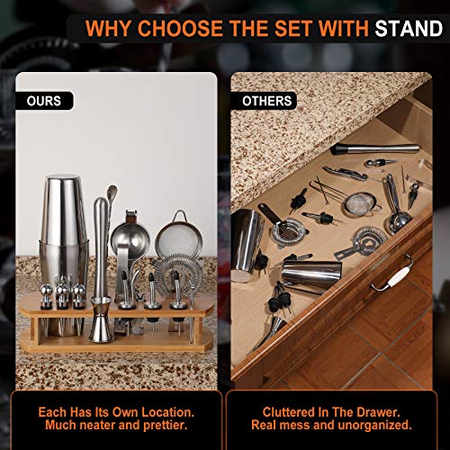 24-Piece Cocktail Shaker Bartender Kit With Stand, Boston Shaker, Mixing Spoon, Muddler, Measuring Jigger, Lemon Squeez, Tongs, Corkscrew, Liquor Pourers And More Professional Bar Tools
