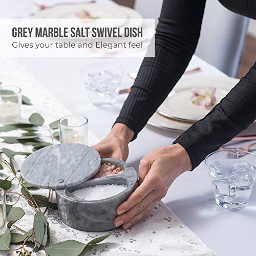 Salt Cellar With Swivel Top And Dual Compartment Elegant Marble Salt Box With Lid For Salt, Spice And Herbs Storage – 5 Ounce Capacity (White/Grey Marble)