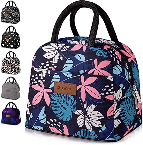 Insulated Lunch Box For Women - Tote Lunch Bag Women Insulated With Soft Padded Handles - Cute Lunch Bags For Women, Teens, Men - Ideal For Work, School, Picnics (Blue With Pink Flowers)