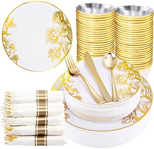 210PCS Gold Plastic Plates, Gold Disposable Dinnerware Set Includes 60 Gold & White Plates With Floral Design,30 Gold Plastic Silverware,30 Per Rolled Napkins,30 Gold Rim Cups For Mother's Day