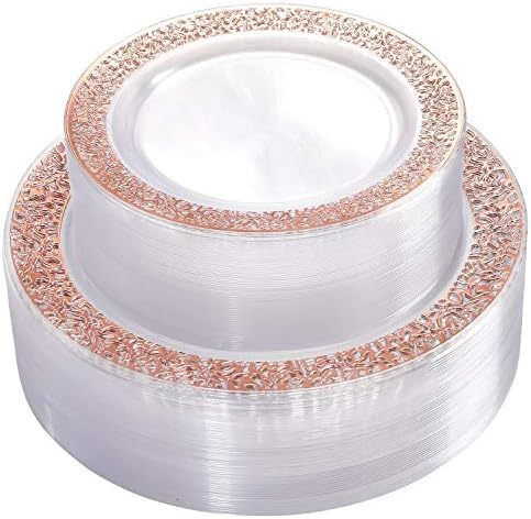 I00000 96 Pcs Plastic Gold Plates, Gold Disposable Plates Includes: 48 Dinner Plates 10.25" And 48 Dessert Plates 7.5 ", Premium Clear Plate Prefect For Wedding, Clear Gold Plates And Salad For Party